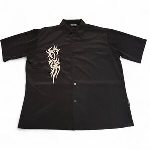 Vintage y2k Dragonfly Camp Shirt Mens XL Black Tribal Cyber Sigil Embroidered